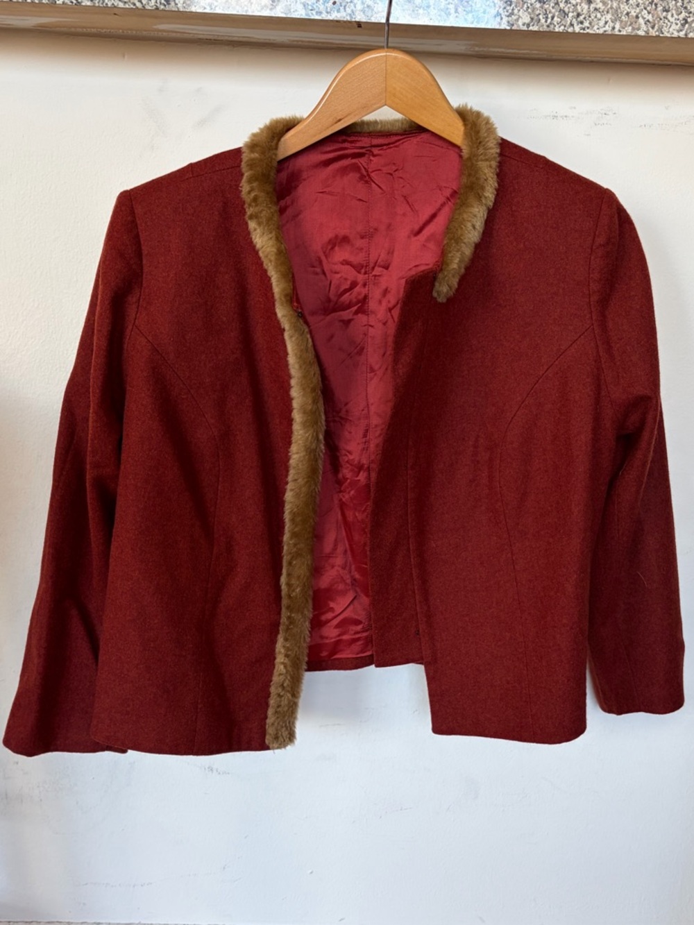 Vintage Red Wool Cropped Jacket with Faux Fur Trim